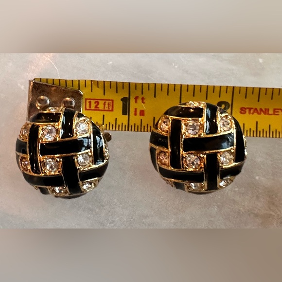 Roman Vintage Black Enamel & Rhinestone Dome Clip Earrings - Picture 3 of 8